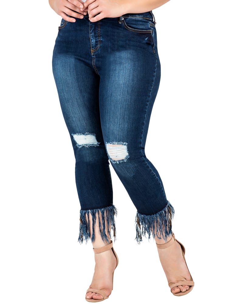 Front of a model wearing a size 14 Gabriella Raw Hem Ankle Jeans in Blue by Standards & Practices. | dia_product_style_image_id:276285